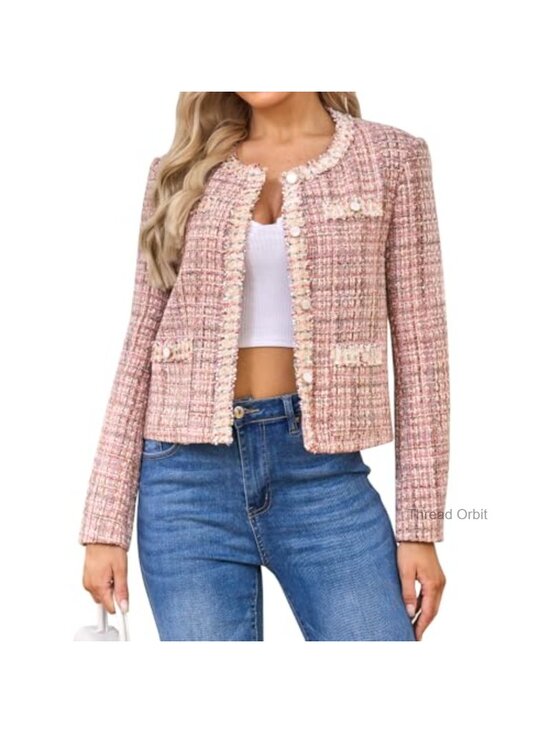 Jackets & Blazers - Women's Tweed Cropped Blazer Collarless Plaid Long Sleeve Slim Fit Button